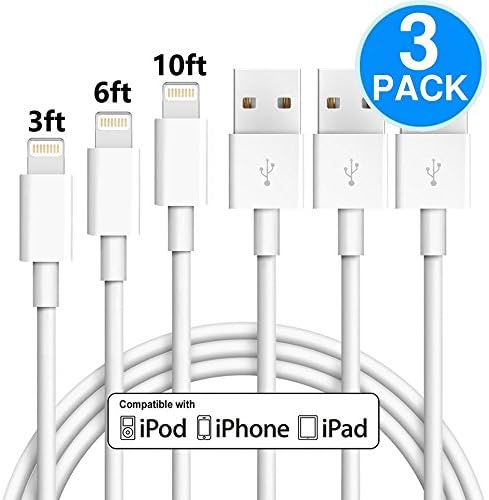 iPhone Charger 3Pack 3FT/6FT/10FT(1M/2M/3M) 8 pin iPhone Lightning Cable To USB Charger, Compatible with iPhone X, 8, 8 Plus, 7, 7 Plus, 6s, 6s Plus, 6, 6 Plus, SE, 5s, iPad and iPod (White)