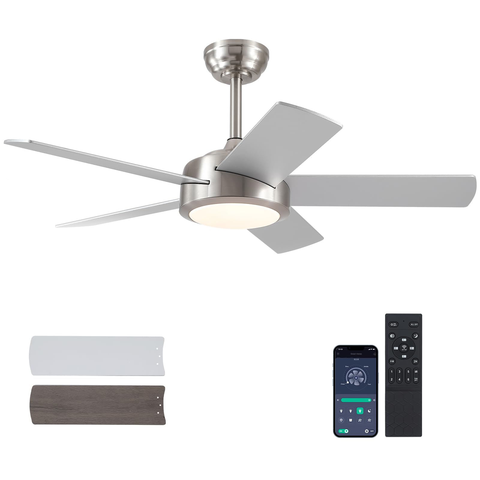 Photo 1 of CHESUR Ceiling Fan with Lights and Remote/APP - 42" Modern Low Profile Ceiling Fan with 5 Reversible Blades, 3CCT Dimmable, Ceiling Fans for Indoor/Covered Outdoor, Brushed Nickel