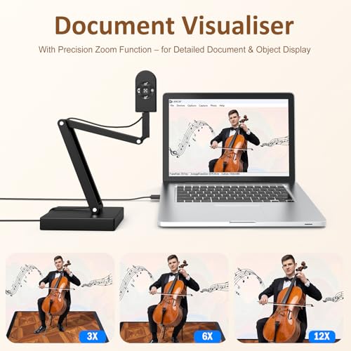 Visualiser for Teaching: 12MP Document Camera & 4K Webcam with Manual Zoom, Auto Focus, Built-in Mic, LED Light, For Mac/Windows/Chromebook, Zoom/OBS | for A3, Distance Learning, Online Art