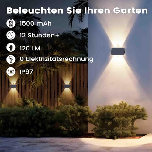 IIRARA Wall Light Solar Outdoor Solar Wall Light Outdoor Solar Lights Up and Down Illuminated 4 LEDs IP67 Waterproof Solar Light for Garden Balcony Patio Stairs Warm White Pack of 4