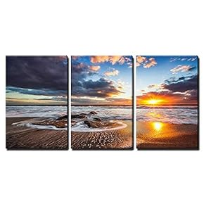 3 Piece Canvas Wall Art - Beautiful cloudscape Over The sea, Sunrise Shot - Modern Home Art Stretched and Framed Ready to Hang - 16"x24"x3 Panels