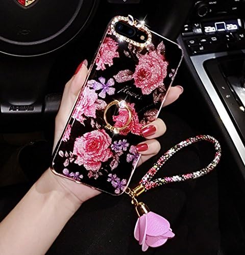 bling iPhone 7 Plus Diamond Case, Opretty Luxury Crystal Rhinestone Soft Rubber Bumper Bling Diamond Glitter Mirror Makeup Case with Ring Stand Holder for iPhone 7 Plus (flowers-Black)