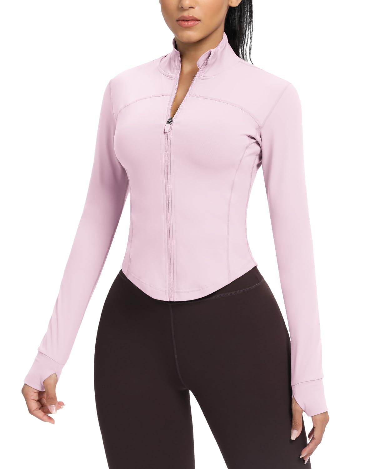 AVGO Women's Cropped Running Workout Jackets Zip Slim Fit Athletic Tops with Thumb Holes(Pink Lady, XS) Image