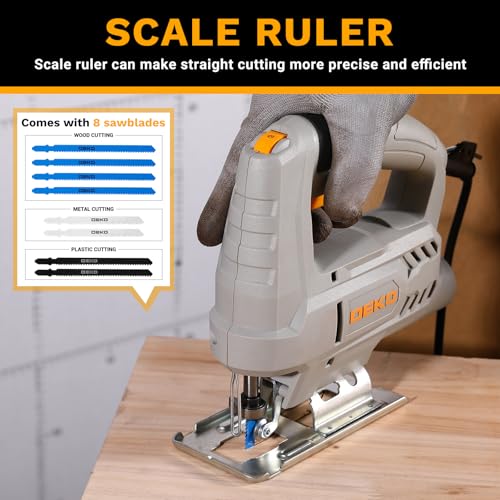 Electric Jigsaw: DEKOPRO 400W Wood Saw Jigsaw Reciprocating Jigsaws, 6 Variable Speeds 0-3000 SPM, ±45° Inclined Cut with 8 Blades for Wood, Metal and Plastic