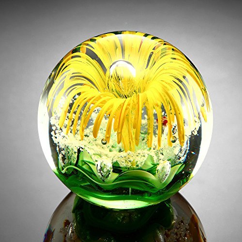 Yellow flower paperweight glass sphere 3.5"
