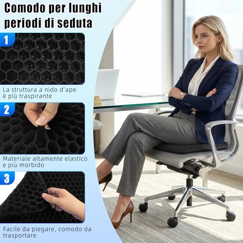 Cuscino per Sedia da Ufficio,Cuscino in Gel,Cuscino Antidecubito,a Nido d’ape-Antiscivolo,Traspirante e con Fodera Rimovibile,Adatto per Sedie da Ufficio,Sedili Auto e Sedie da Casa (nero, 42*39*4)
