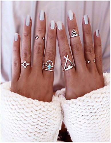 Suyi 6 Pcs Vintage Silver Geometry Arrow Turquoise Antlers Joint Knuckle Nail Midi Ring Set R2
