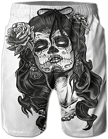 Sexy Lady Face Skull Wears Roses Men's Workout&amp;swim Trunks Quick Dry Beach Board Shorts Home Wear