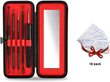 Blackhead Remover Tool Kit, Acne Pimple Extractor Tool, Treatment for Come done Blemish, Anti-Allergic Stainless Steel Removal Tool 5 Pcs, Nose Face Skin with Leather Case &amp; Mirror (#1)