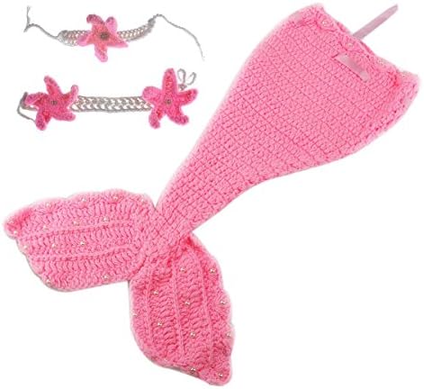 Newborn Baby Sunshine Knitted Mermaid Hairband Bra Tail Set (Light Pink)