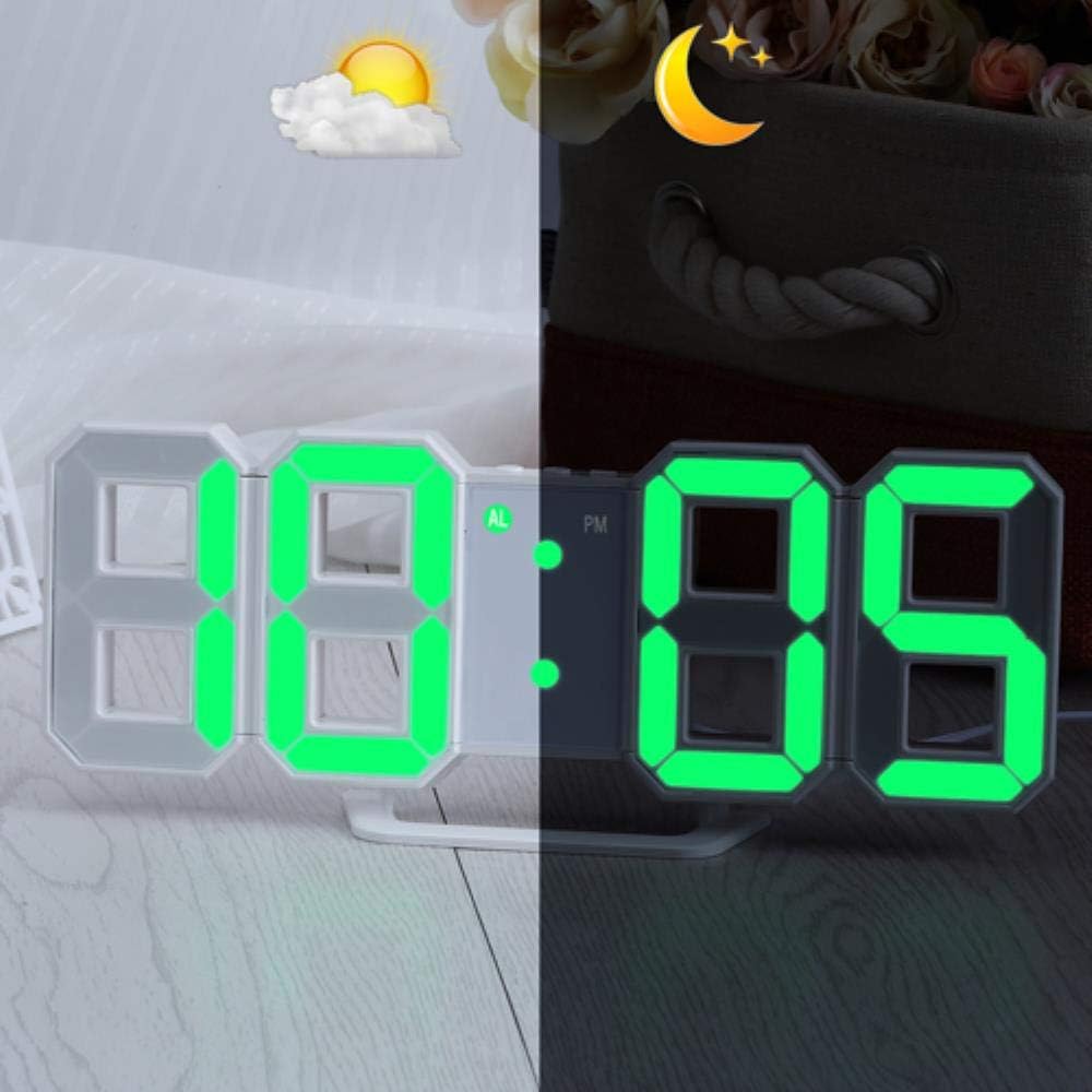 ZMCW Digital Large 3D Alarm Clock White LED Display Digital Numbers Wall Clock With 3 Levels Brightness Alarm Snooze Clock USB Cable,Green 8.46in x 1.57in x 3.35in
