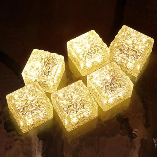 Solar Brick Lights - 6 PCS LED Warm White Outdoor Waterproof Solar Landscape Path Lights, 600mAh, Ice Cube Style for Garden, Patio, Lawn, Yard, Walkway Decor