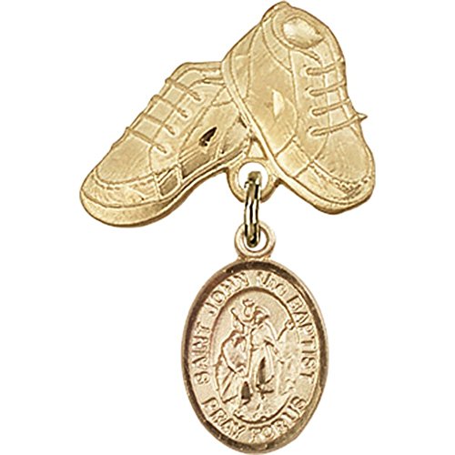 Gold Filled Baby Badge with St. John the Baptist Charm and Baby Boots Pin 1 X 5/8 inches