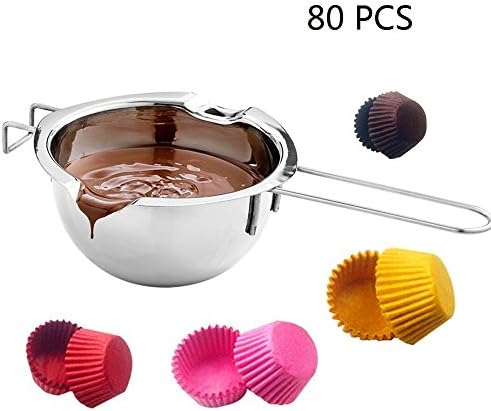 Stainless Steel Chocolate Melting Pot &amp; Caramel Double Boiler 2 Spouts Baking Tools &amp; Cheese Universal Insert Pan With 80 PCS DIY Paper Cups