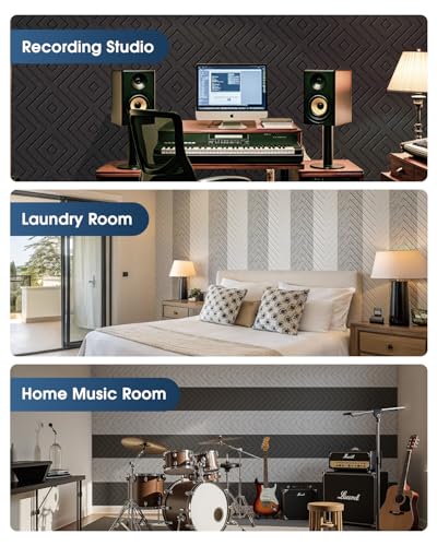 Woovio Sound Proofing Panels, 12 Pack Self-Adhesive acoustic wall panels High Density Acoustic Panels for Podcast Studio, Living Room, Offices 30x30x0.9cm White