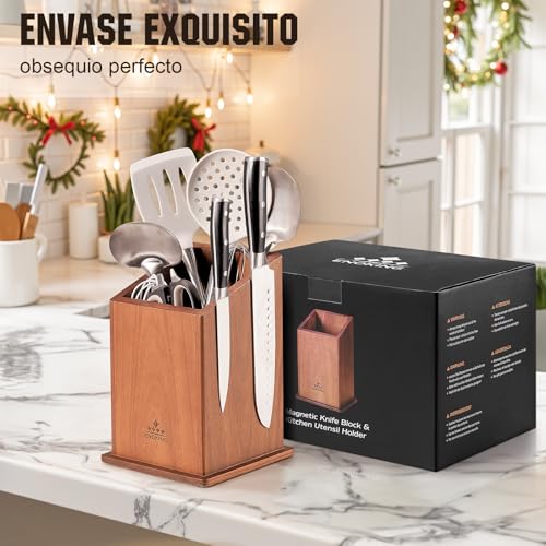 ENOKING Magnetic Kitchen Knife Holder, Acacia Wood Kitchen Knife Holder, Extra Large Kitchen Utensil Holder for Knives and Kitchen Utensils