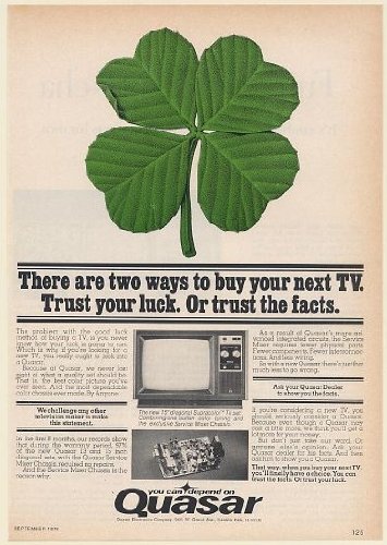 1976 Quasar Supracolor TV 4-Leaf Clover Trust Your Luck or Facts Print Ad (Memorabilia) (58445)