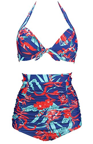 COCOSHIP Retro 50s Black Pink Blue Floral Halter High Waist Bikini Set Halter Carnival Swimsuit(FBA)