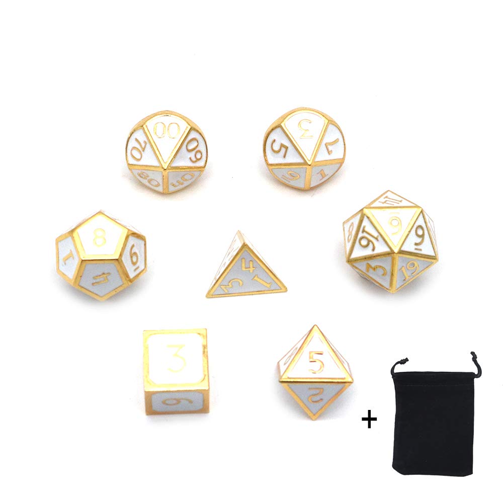 DollaTek 7PCS Metal Polyhedral Dice Set with Black Storage Bag for Role Playing Game Dungeons and Dragons D&D Math Teaching(White)