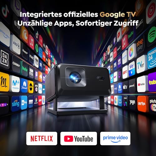 Google TV & Official Apps: Projector 4K Support, Smart Projector Home Cinema 1080P FHD, Auto Focus & Trapezoidal Correction, WiFi Bluetooth Portable Projector with Rotating Stand for Outdoor/Mobile Phone