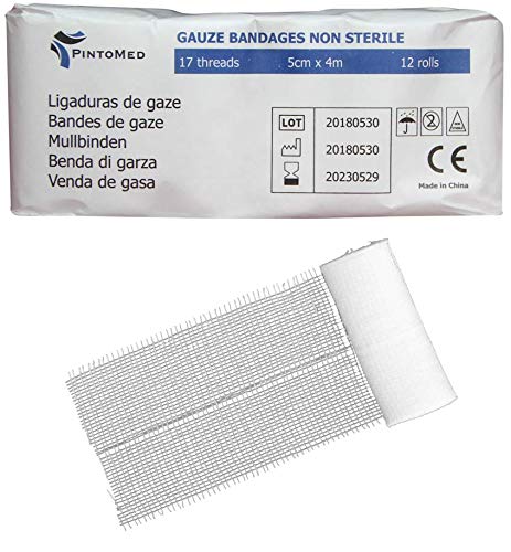 PintoMed - Gauze Bandage Roll Stretch Wound Care, Absorvent and Keeps Clean -17 Threads Non Sterile Size 5Cmx 4Mts 12pcs per Pack