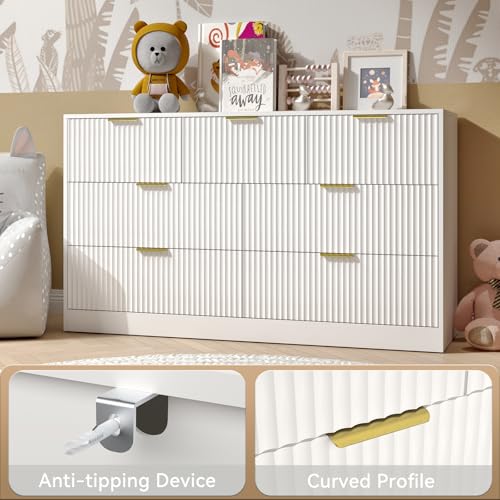 BAZELOR Dresser for Bedroom with 7 Drawer, 55” Wide White Dresser Modern Chest of Drawers with Metal Handle, Wooden TV Stand Storage Organizer for Entryway,Living Room, White