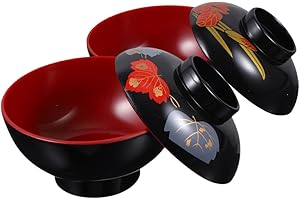 LALAFINA 2pcs Japanese Miso Soup Bowls with Lids Thick Reusable Small Rice Bowls for Soup Appetizers Noodles