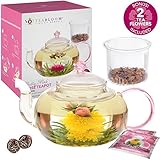 Teabloom Rose Teapot Set - 34 oz Borosilicate Glass Teapot, Glass Tea Infuser, 2 Flowering Teas - Thermal Shock Resistant - Stovetop, Microwave, Dishwasher Safe - Pretty in Pink
