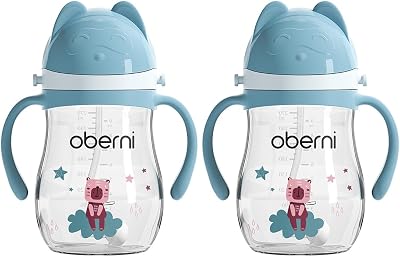 Oberni Baby Sippy Cup with Handle & Strap 270ml 9oz 2 Pack Blue