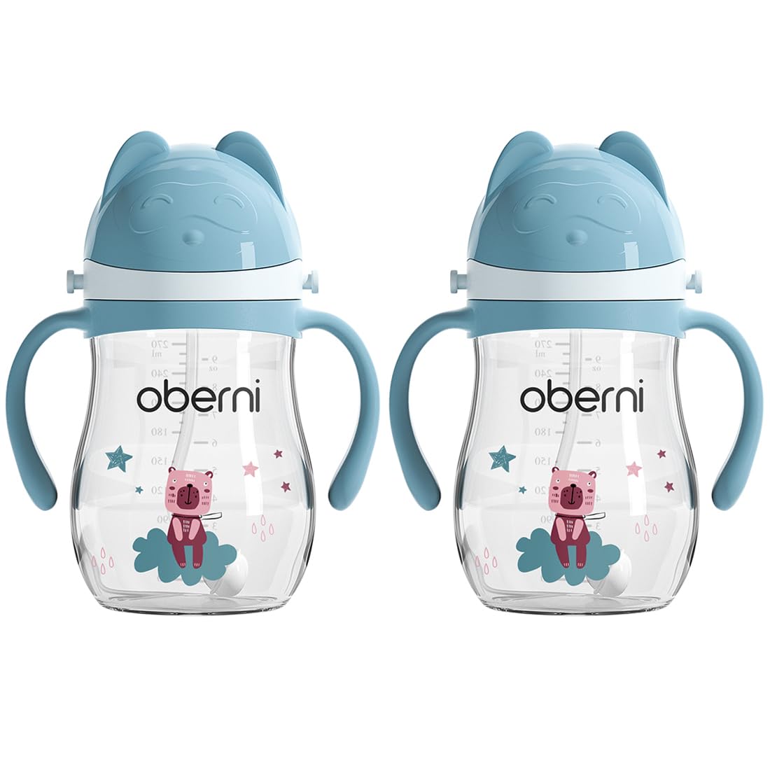 Oberni Baby Sippy Cup with Handle & Strap, Non-Spill Water Bottle for 6 12 Months + Toddlers, BPA-Free | Tritan | Dishwasher Safe | Leak Proof Valved Spout | Click Lock Tip | 270ml 9oz | Blue|2 Pack