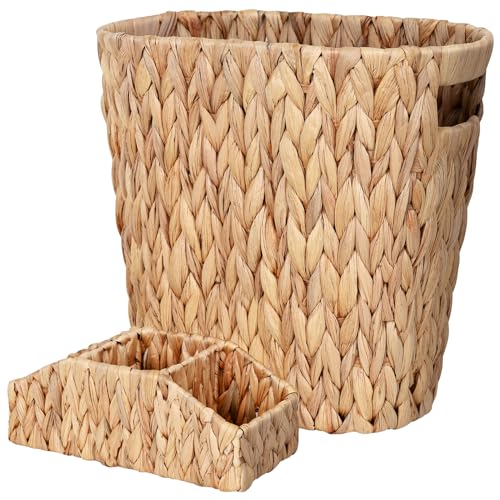 Ollieroo Wicker Waste Basket, Handwoven Water Hyacinth Trash Can with Built-in Handles, Stylish and Practical Wicker Garbage Can for Bedroom Livingroom Kitchen Office(Set of 2)