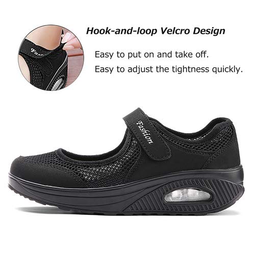 aeepd Women Nurse Shoes Walking Slip On Sneakers Mary Jane Velcro Breathable Mesh Platform Rocker Bottom Black