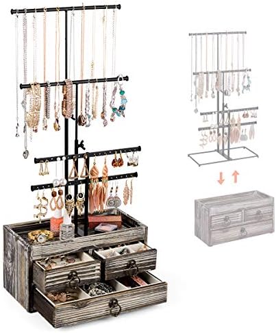 Jewelry Stand Organizer 4 Tier Metal Jewelry Holder Display With Wood Basic Storage Box, 3 Drawers and Adjustable Height Necklace Holder for Earrings Necklaces Rings and Bracelets, Rustic Wood