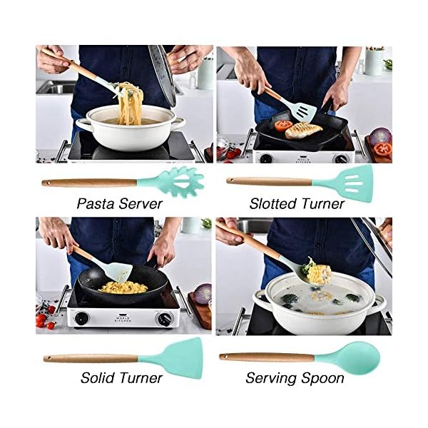 LKKCHER-Kitchen-Utensil-Set-12-Piece-Silicone-Kitchen-Gadget-for-Cooking-Baking-BBQ-Non-Stick-Non-Scratch-Cookware-Set-with-Wooden-Handle-Heat-Resistant-Silicon-Tongs-Spatula-Tool-Set-with LKKCHER 22PCs Silicone Kitchen Utensils Set with Holder, Heat Resistant Cooking Utensils Set, Silicone Utensil Set with…
