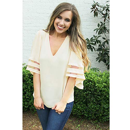 Shy Velvet Women's V Neck 3/4 Bell Sleeve Chiffon Blouse Mesh Panel Loose Top Shirts Beige - Thumbnail 6