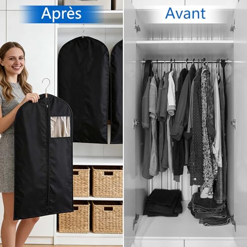 Sevenpers Lot de 6 housses de vêtements anti-mites translucides avec fermeture éclair, imperméables, anti-acariens, respirantes, 60 x 120 cm, noir