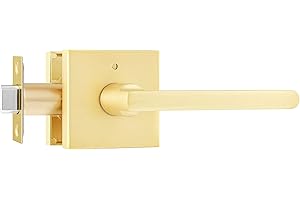 Leydebong 1 Pack Gold Door Handles, Keyless Privacy Door Levers Bed and Bath Leverset Lockset, Universal Handing with Square Door Knobs, Satin Brass Finish