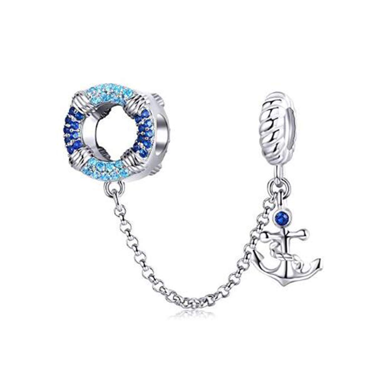 925 Sterling Silver Beads Safety Chain Stopper Charms For Pandora Women's European Style Snake Chain Bracelet Jewelry (Blue Anchor Safety Chain)