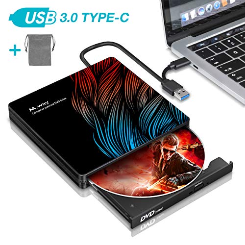 External DVD Drive, M WAY USB 3.0 External CD Drive, Dual Port USB C External DVD CD Player RW for Laptop PC MacBook OS Windows 7/8/10/Linux - Colorful Flame Pattern (with Storage Bag)