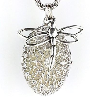 Filigree Oval Essential Oil Diffuser Necklace, Sterling Silver/Rhodium plated with Dragonfly charm, 18 inch chain, and 3 felt pads included. by Earth in Wire