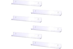 Sooyee 6 Pack 15 Inch Acrylic Invisible Kids Floating Bookshelf for Kids Room,Modern Picture Ledge Display Toy Storage Wall Shelf,Clear