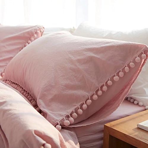 Inspirational Pom Pom Fringe Pillow Shams Pink Pom Fringe Duvet Cover 100% Cotton Throw Pillowcases with Fringe Rolls Queensize Pillow Cover for Wedding Bedding -18.9x29.1 in- Pack of 2 PCS