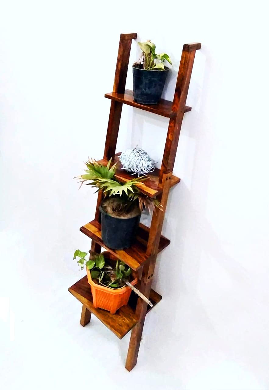Vm decor sheesham Wood 4 Tier Wooden LadderShaped Flower Stand Plant Pot Display Rack Ladder
