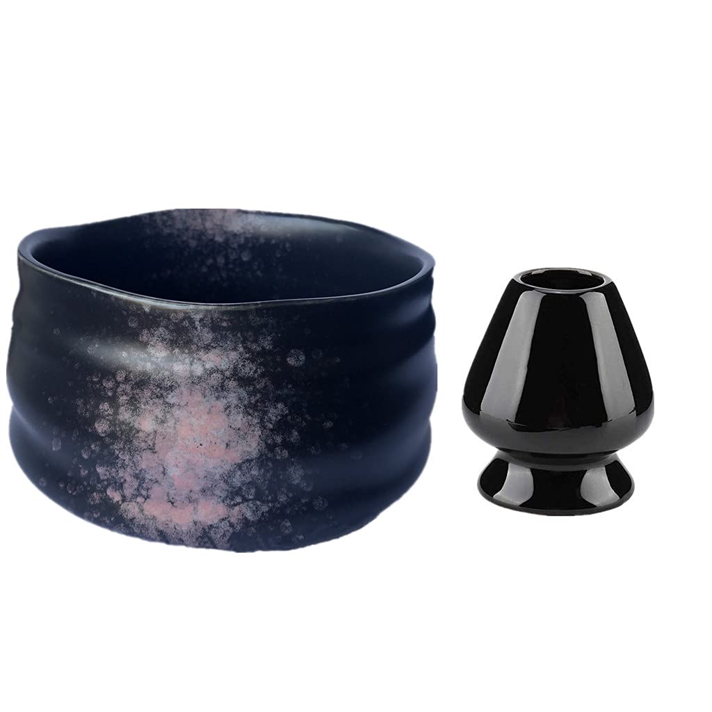 Matcha Ceramic Tea Bowl+ Matcha Whisk Holder fit for Traditional Japanese Tea Ceremony (Black and Pink)