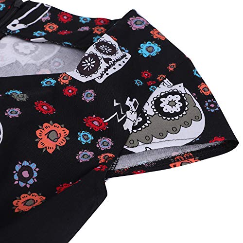 oten Women's Polka Dot Sugar Skull Vintage Swing Retro Rockabilly Cocktail Party Dress Cap Sleeve Black