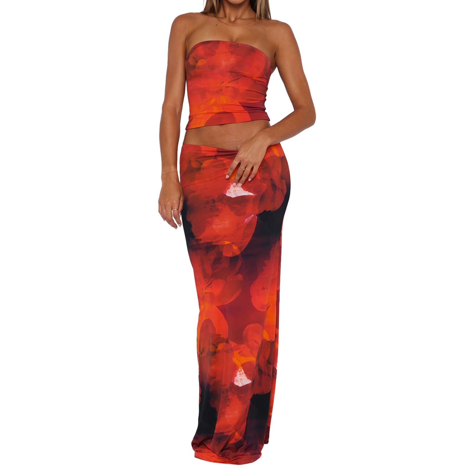 Photo 1 of Goafuliy Skirt Sets Women 2 Piece Outfits Floral Print Strapless Crop Tube Top Bodycon Maxi Dress Summer Y2k Vacation Set Red S