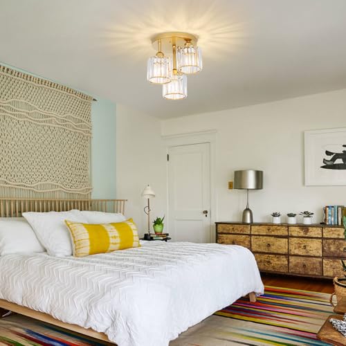 Rayofly Modern Crystal Chandelier, 3 Light Fixture with Glass Shade, Modern Ceiling Light Fixture for Living Room, Bedroom, Kitchen, Hallway, Bathroom (Matte Gold)