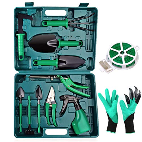 Gardening Tools Set – Portable 14 Pieces Garden Hand Tool Sets, Gardening Gifts Gardener Supplies with Storage Box, Pruners, Rake, Shovel, Trowel, Sprayer, Gloves for Women Men Kids
