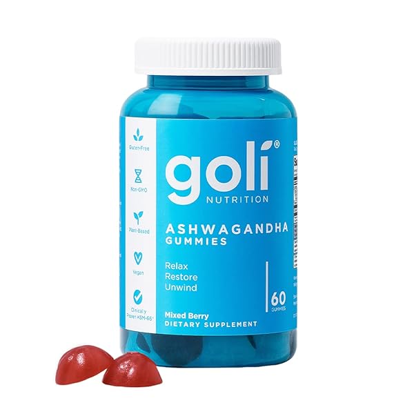 GOLI ASHWAGANDHA & VITAMIN D GUMMY – 60 COUNT – MIXED BERRY, KSM-66, VEGAN, PLANT BASED, NON-GMO, GLUTEN-FREE & GELATIN FREE RELAX. RESTORE. UNWIND, PACK OF 1