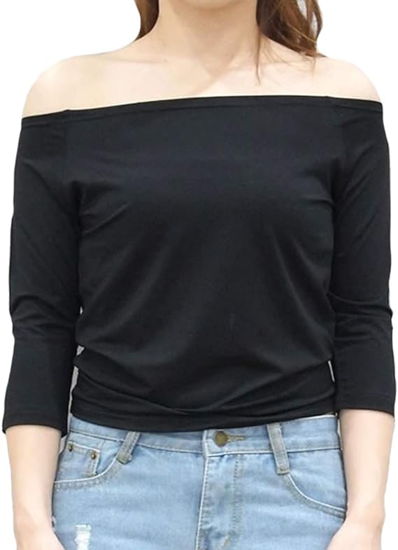 Amazon Rondel Black ロンデルブラック オフショルダー カットソー レディース シンプル 無地 7分袖 トップス 黒 ブラック Tシャツ カットソー 通販